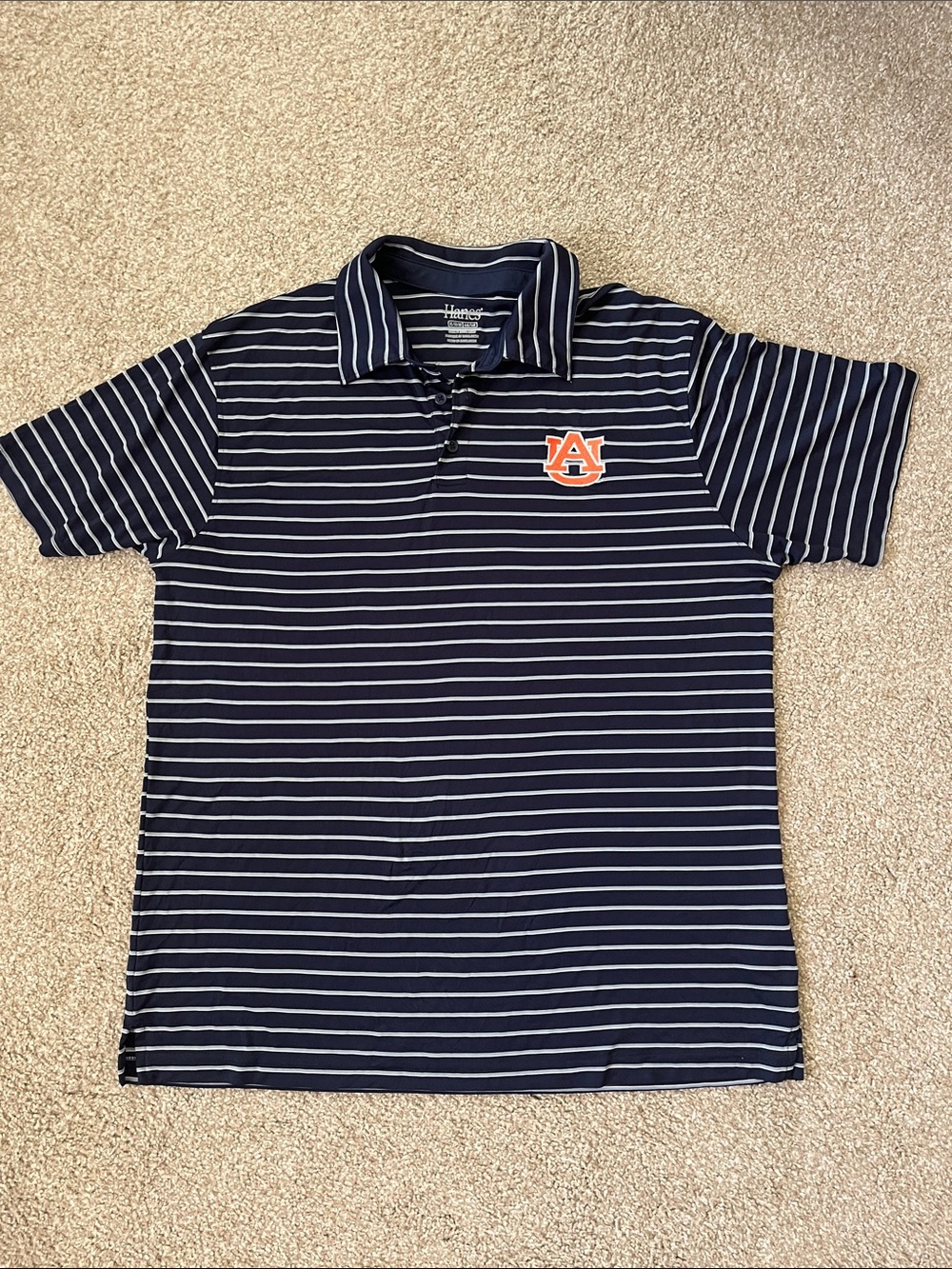 Hanes Navy & White Striped Polo with Orange Auburn Logo